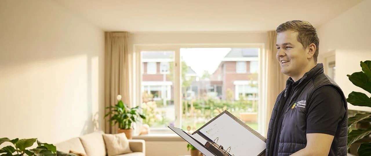 Een adviseur neemt een woonkamer op voor het energielabel.