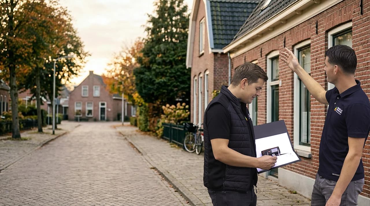 Twee adviseurs bekijken samen de gevel van een woning in een Groningse straat.