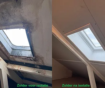 Dezelfde zolder voor en na het isoleren: eerst een kaal dakraam in een vochtige kap, daarna een afgewerkte, geïsoleerde schuine wand.