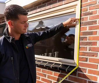 Een monteur meet met een rolmaat een kozijn op in de gevel van een woning.