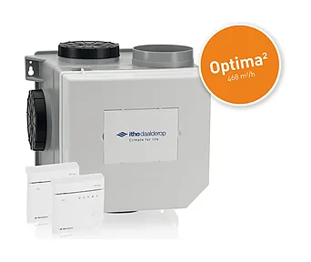 De Optima 2 ventilatie-unit van Itho Daalderop, met twee draadloze CO2-sensoren ervoor.