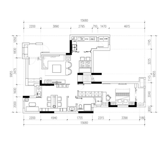 Plattegrond van een woning met drie slaapkamers, twee badkamers, een open keuken en een ruime woonkamer.